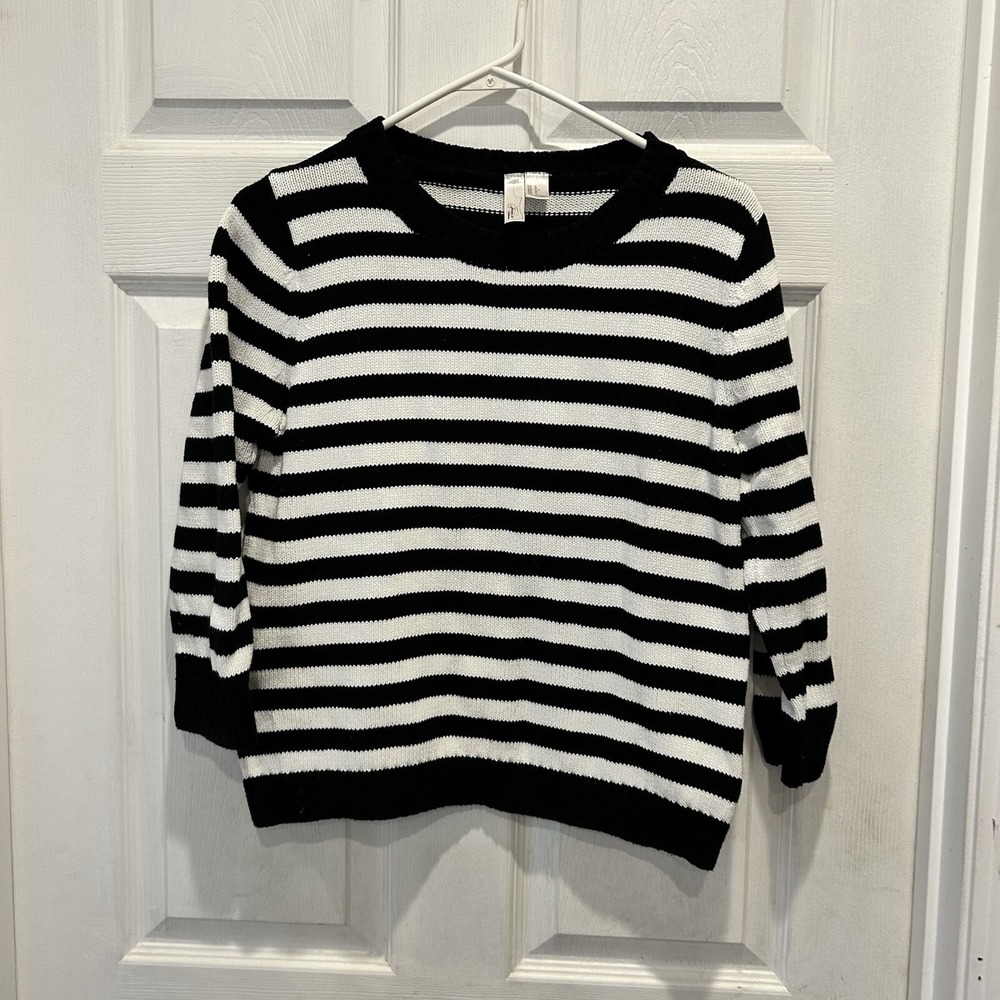 Forever 21 Womens Striped Crew Neck 3/4 Sleeve Shaker Knit Sweater Black White L
